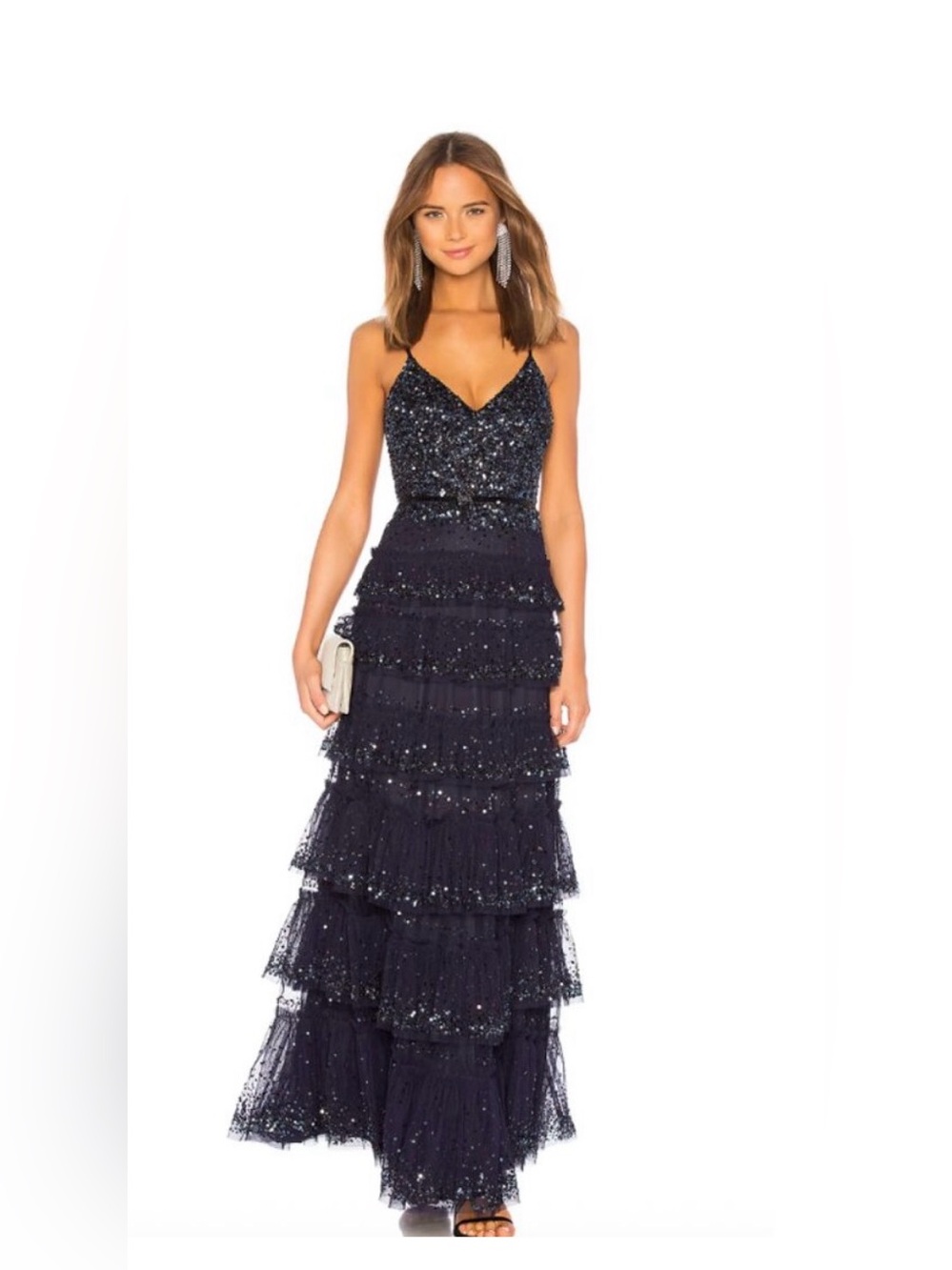 ParkerNY Navy Sequin Tiered Maxi Dress